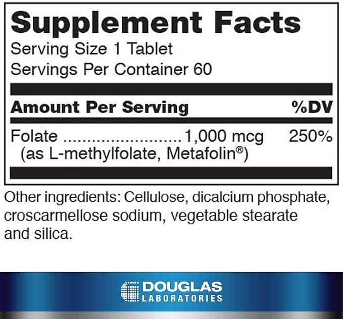 Douglas Laboratories Methyl Folate L-5-MTHF - 1000 mcg Metafolin - Vitamin B Folate - Supports Homocysteine Metabolism &amp Fetal Development* - Non-GMO - 60 Tablets