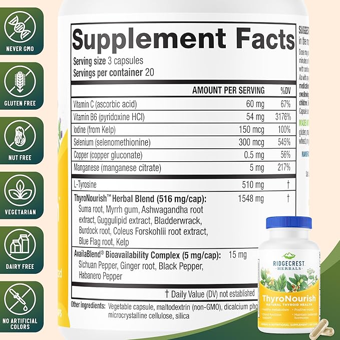 Ridgecrest Herbals ThyroNourish Thyroid Support Herbal and Vitamin Supplement with Ashwagandha L-Tyrosine Iodine Copper Kelp. Supports Energy Metabolism Health Normal Sleep (60 Caps 30 Serv)