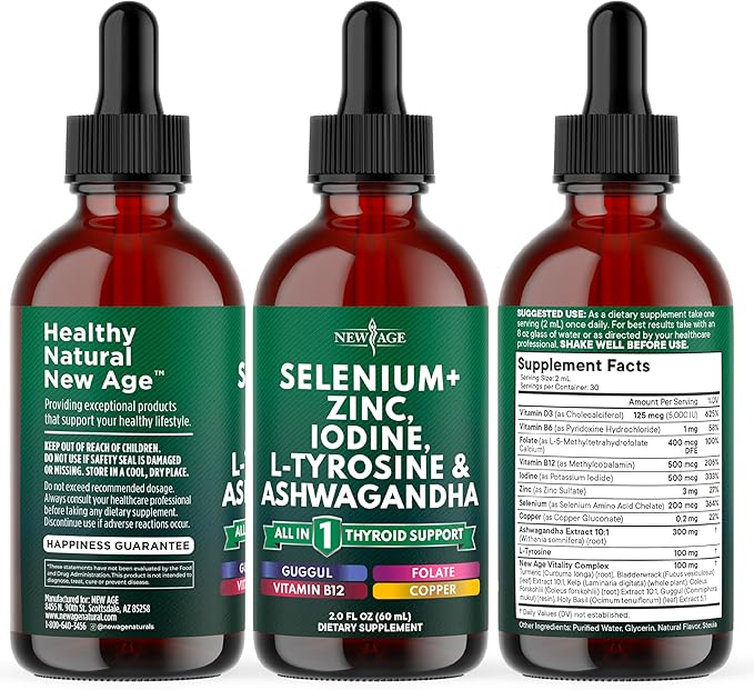 Thyroid Support Drops - Selenium Zinc Iodine L Tyrosine Ashwagandha Turmeric Schisandra Guggu Cayenne Basil - Liquid Supplement Folate Copper Alcohol -Free Vegan Non-GMO – 4 oz