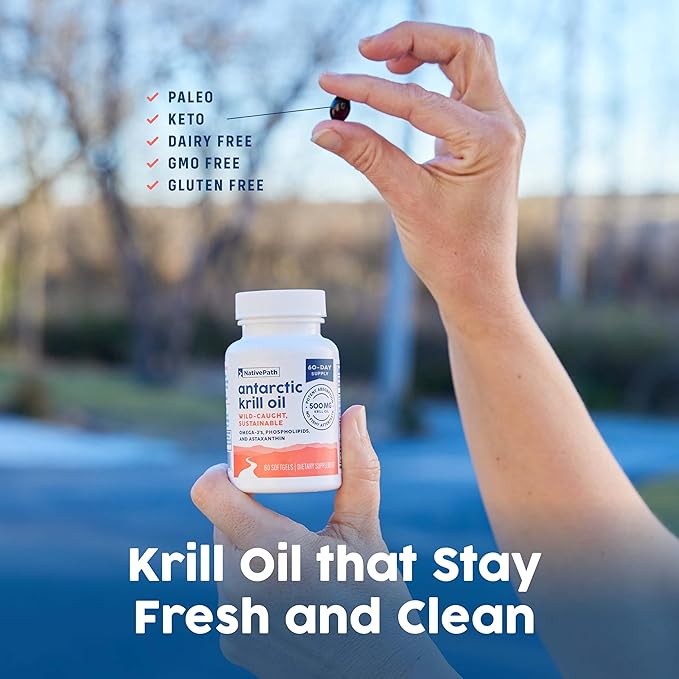 NativePath Antarctic Krill Oil - Wild-Caught Omega 3 Krill Oil 500mg Softgels with EPA DHA and Astaxanthin - Supplement for Joint Heart Brain and Immunity - 60 ct - No Fishy Aftertaste