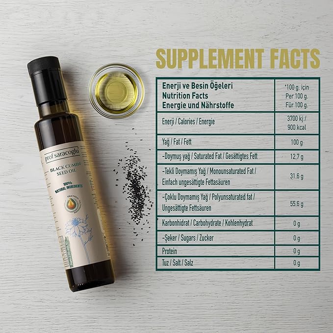Prof Saracoglu Premium Black Seed Oil Cold Pressed Glass Bottle- Turkish Nigella Sativa- Unrefined &amp Solvent Free Liquid Black Cumin for Hair Skin &amp Immune Support Non-GMO Mild Taste- 8.45