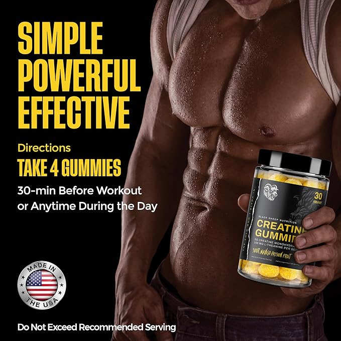 Creatine Gummies for Men &amp Women – Creatine Monohydrate + L-Theanine for Strength Energy &amp Focus – Vegan Non-GMO Gluten Free Made in USA – 120 Count (30 Servings)