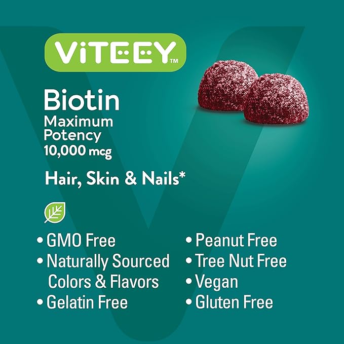 Viteey Biotin Gummies for Hair Skin and Nails - Biotin for Hair Growth Gummies - 10000 mcg - Vegan Gluten-Free Non-GMO – 120 Count