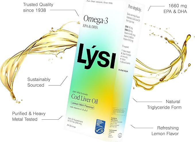 LYSI Icelandic Cod Liver Oil Liquid Supplement – 1100 mg Omega-3 per Teaspoon – EPA 740 mg &amp DHA 920 mg per 2 TSP – with Vitamins A D &amp E – Mint Flavor – 8.12 fl oz (24 Servings)
