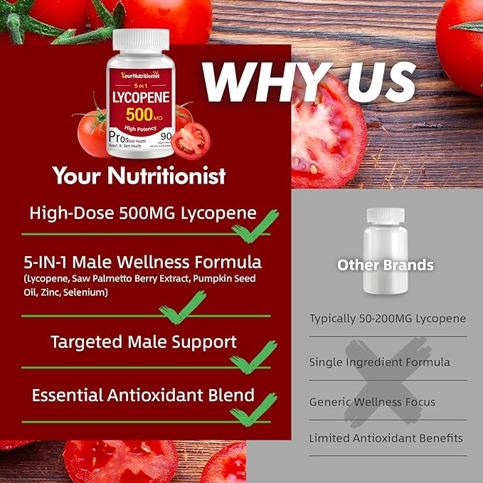 Lycopene 500MG &amp Prostate Supplement for Men 5-in-1 | Supports Heart &amp Skin Health with Saw Palmetto Berry Extract Pumpkin Seed Oil Zinc &amp Selenium | Vegan Non-GMO 90 Capsules