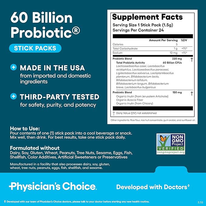 Physician’s Choice 60 Billion CFU Probiotic Stick Packs - 10 Strains + Prebiotics - Immune Digestive &amp Gut Health - Supports Occasional Constipation Diarrhea Gas &amp Bloating - for Women &amp