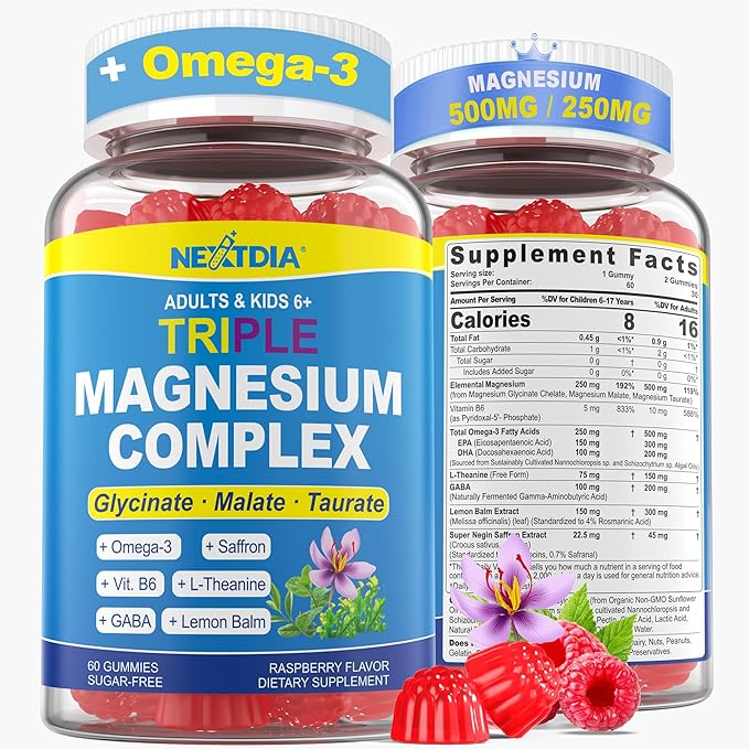 Magnesium Glycinate Gummies + Omega-3 Saffron for Kids 6+ &amp Adults Kids Focus Calm Magnesium Gummies Sugar Free Triple Magnesium Complex 500mg/250mgGlycinate Malate Taurate Theanine1P
