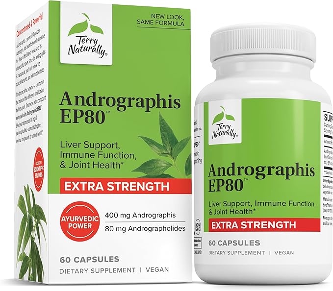 Terry Naturally Andrographis EP80 Extra Strength - Brain Health &amp Immune Support - Joint Health Supplement to Aid Mobility - Vegan Adaptogen Supplement for Energy &amp Liver Support - 60 Capsules