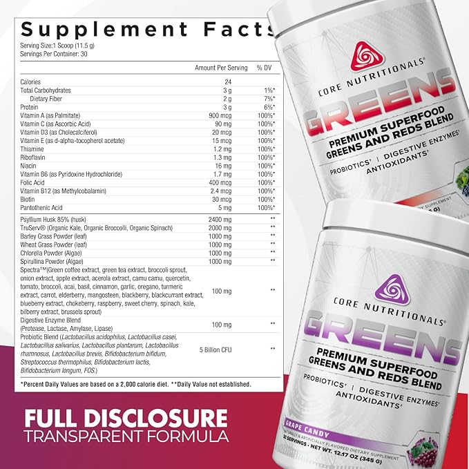 Core Nutritionals Greens | Premium Superfood Reds &amp Greens Blend | 5 Billion CFU Probiotics Digestive Enzymes &amp Antioxidants | 30 Servings (Berry Bliss)