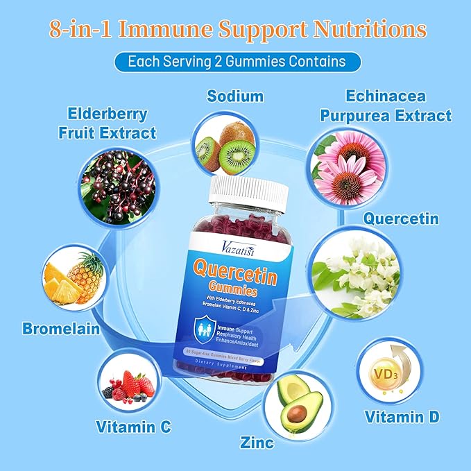 2 Pack Quercetin with Bromelain Gummies Quercetin with Vitamin C Zinc &amp Elderberry for Immune System &amp Allergy Chewable &amp Vegan Gummies Mixed Berry Flavor 120 Cts