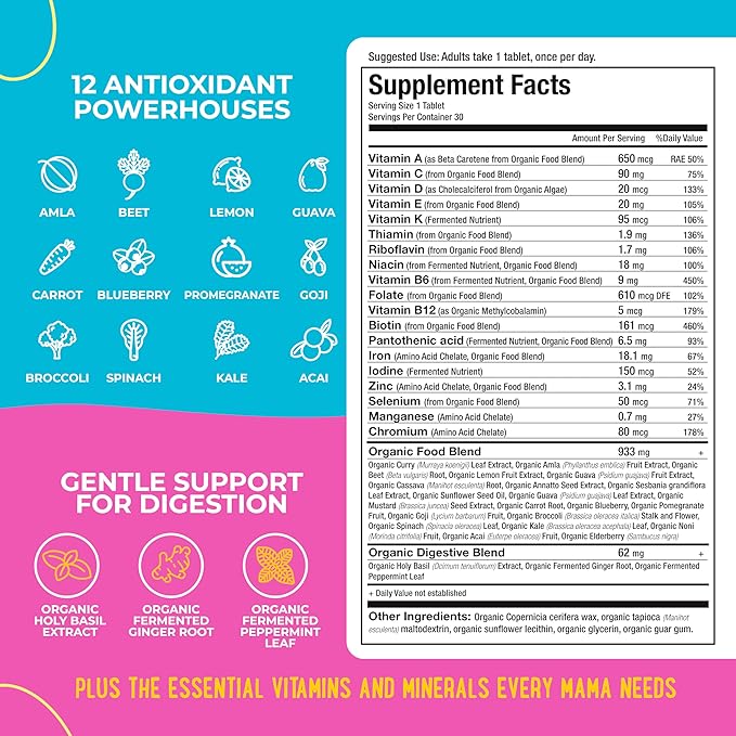 Mama Natural Organic Prenatal Vitamins for Women Vegan (30 Servings) | One A Day Prenatal Vitamins for Pregnant Women | Food Based Non-GMO &amp Gluten-Free - Pre Natal Multivitamin with Folate