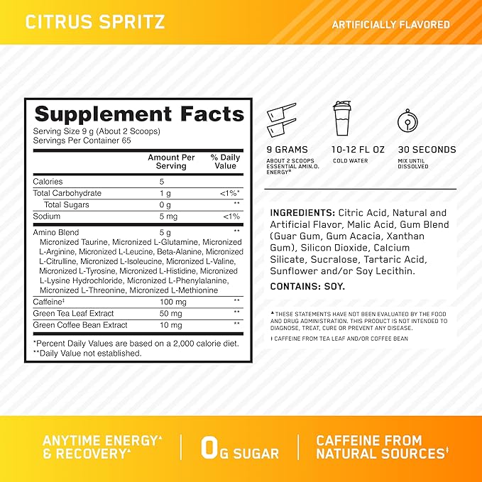 Optimum Nutrition Amino Energy - Pre Workout with Green Tea BCAA Amino Acids Keto Friendly Green Coffee Extract Energy Powder - Citrus Spritz 65 Servings (Packaging May Vary)