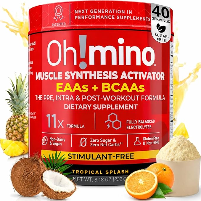 Oh!mino BCAAs + EAAs All 9 Essential Amino Acids for Muscle Growth &amp Recovery Tropical Flavor Stimulant-Free Sugar-Free Pre/Intra Post Workout Supplement Non-GMO