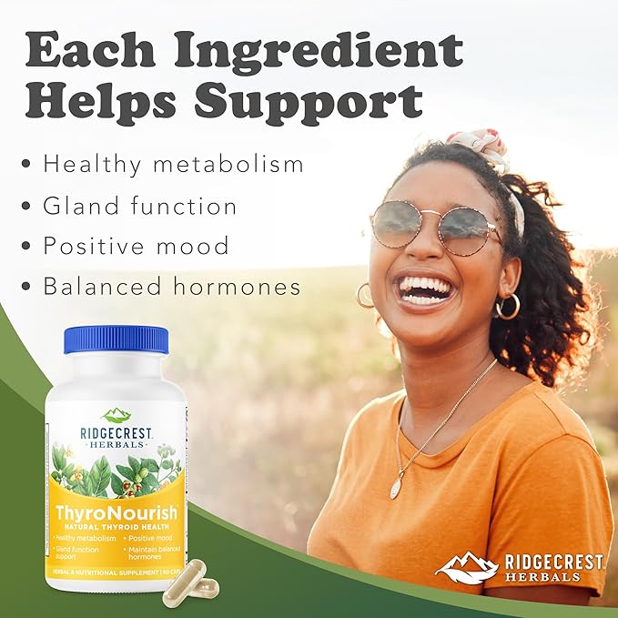 Ridgecrest Herbals ThyroNourish Thyroid Support Herbal and Vitamin Supplement with Ashwagandha L-Tyrosine Iodine Copper Kelp. Supports Energy Metabolism Health Normal Sleep (60 Caps 30 Serv)