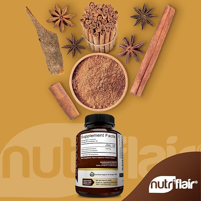 NutriFlair Organic Ceylon Cinnamon (100% Certified Organic Ceylon Cinnamon) 1200mg per Serving 180 Capsules - Joints Inflammatory Antioxidant