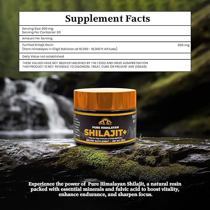 Premium Himalayan Shilajit Resin for Men and Women 500mg Organic Maximum Potency U.S.A Lab Tested for Purity | Supports Brain Function Energy and Focus (30g - 60 Servings)