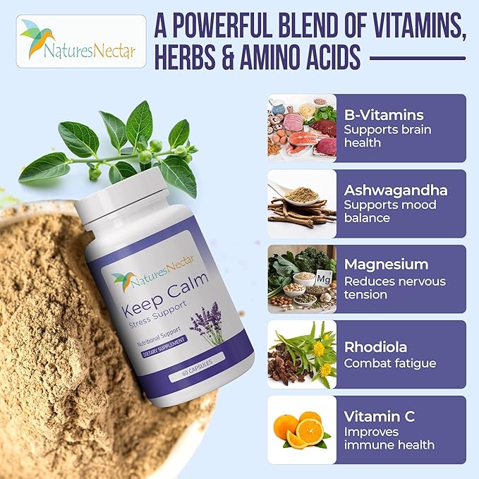 Nature's Nectar Anxiety and Stress Relief Supplements – Keep Calm Capsules with Ashwagandha GABA Magnesium &amp 5-HTP – Nervousness &amp Irritability Mood Supports Relaxation Lemon Balm 60 Filled