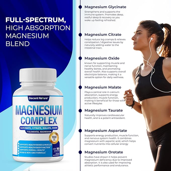 Magnesium Complex 7 Elemental Magnesium Supplement 1000mg – Magnesium Glycinate Citrate Malate Taurate Oxide Aspartate Orotate Non-GMO 90 Capsules