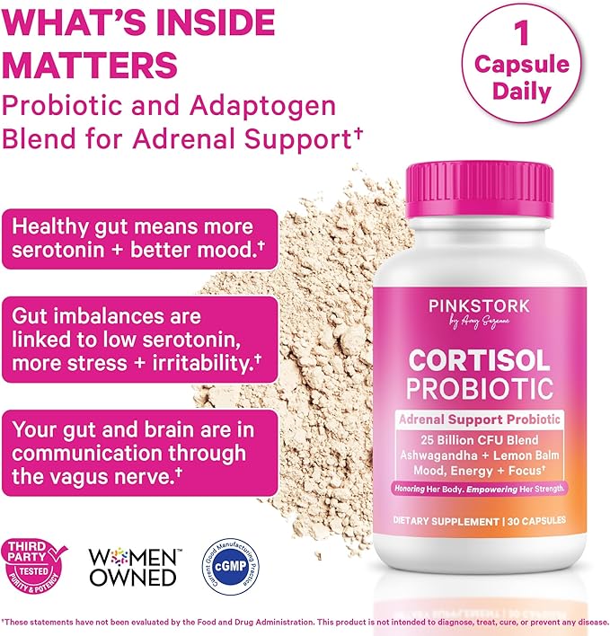Pink Stork Cortisol Probiotic for Women – Mood and Adrenal Support Supplement – Ashwagandha Lemon Balm Chamomile 25 Billion CFU – Gut Health Energy Focus – Lower Cortisol – 30 Capsules