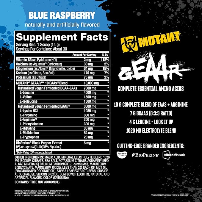 Mutant GEAAR - 9.4g of EAA Powder + Arginine 7g BCAAs 4g Leucine Electrolytes Coconut Water 30 Servings - Blue Raspberry