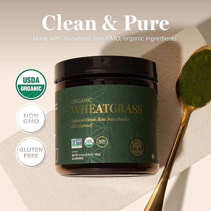 Global Healing Wheat Grass Powder Organic 180g - Nutrient-Dense Raw Wheatgrass Juice Powder (33:1 Extract) with Strong Antioxidants for Immune Support &amp Energy Boost - Cold-Process Non-GMO - 6.3