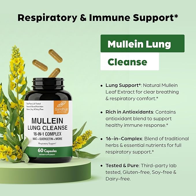 Sandhu's Mullein Capsules for Lungs with Quercetin | Mullein Leaf Extract Supplement for Immune Lung &amp Respiratory Health Support | for Men &amp Women | 60 Count (Pack of 1)