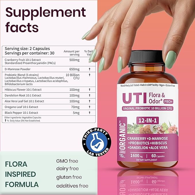UTI Flora &amp Odor Pro+ &amp UTI Yeast &amp pH Pro+ | Pack of 2 | Vaginal Probiotics for Feminine Hydration &amp Freshness Support | Third-party Tested cGMP Facility Vegan Non-GMO Gluten-Free