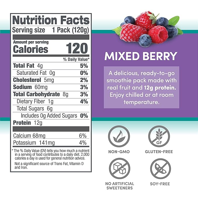 Designer Wellness Protein Smoothie Real Fruit 12g Protein Low Carb Zero Added Sugar Gluten-Free Non-GMO No Artificial Colors or Flavors Mixed Berry 12 Count