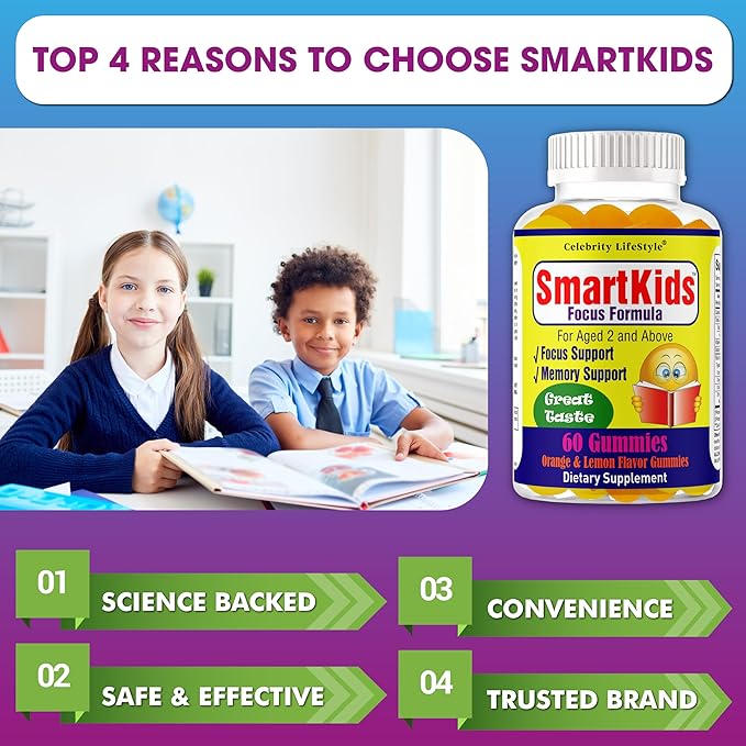 Smart Kids Focus Gummies with Omega 3 6 9 DHA Brain Support Teen Vitamin Kids Focus and Attention Supplements Vegetarian Memory Supplement for Brain Orange Flavor 60 Gummies