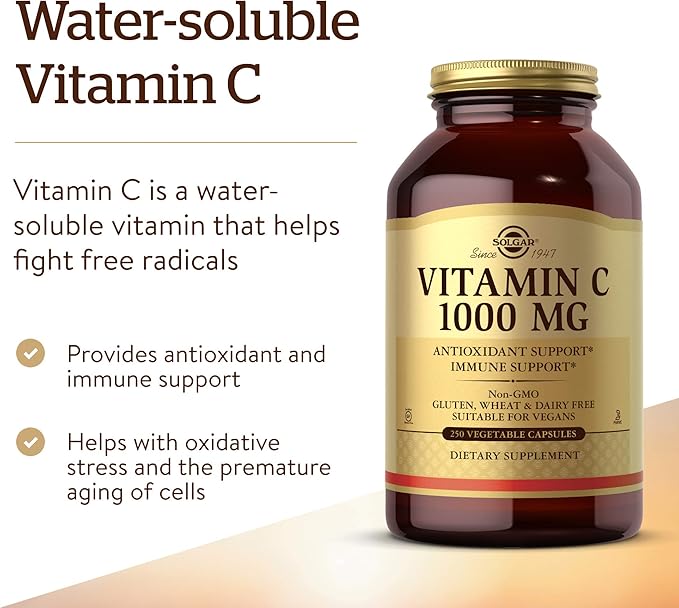 Solgar Vitamin C 1000 mg 250 Vegetable Capsules - Antioxidant &amp Immune Support - Overall Health - Healthy Skin &amp Joints - Bioflavonoids Supplement - Non GMO Vegan Gluten No Kosher - 250 Se