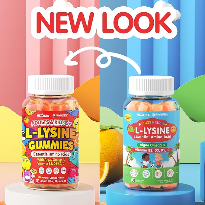L-Lysine Gummies 500/1000mg with Algae Omega 3 Vitamin B2 D3 K2 C for Kids 9+ Teen &amp Adult Lysine Supplement Support Immune Lip &amp Oral Collagen Production Brain Bone Health Sugar Fr