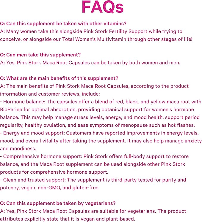 Pink Stork Maca Root Capsules for Women – Organic Maca with BioPerine® for Hormonal Balance Energy + Wellness – Supports Perimenopause Menstrual Health and Vitality