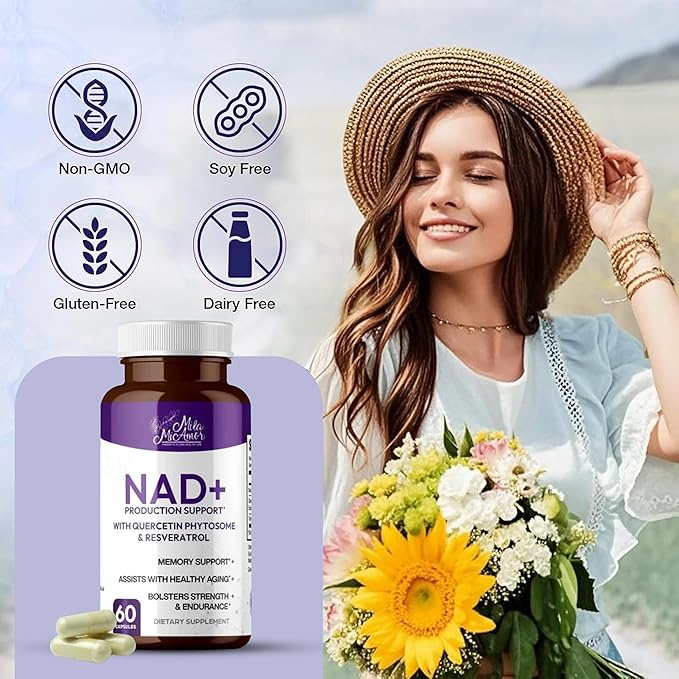 Mila Miamor NAD+ for Cellular Energy &amp Anti-Aging Supplement| Boost Focus Vitality &amp Mitochondrial Function | Supports DNA Repair Brain Health &amp Endurance | Non-GMO Gluten-Free | 60 Cap