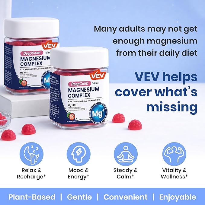 VEV Deep Calm Magnesium Complex 14-in-1 Gummies with Ashwagandha L-Theanine Vitamin D3 &amp Zinc for Women and Men Vegan Magnesium Glycinate Gummies 180 Gummies Total Pack of 2