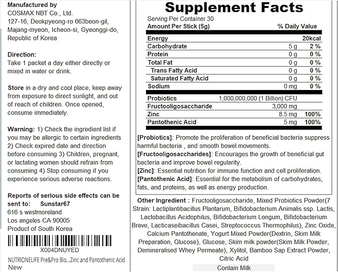 Pre&ampPro Biotics 1Billion CFU Powder Type Korea Probiotics Multi-Strain Probiotic Blend Supports Digestive Wellness Contains Zinc and Pantothenic Acid