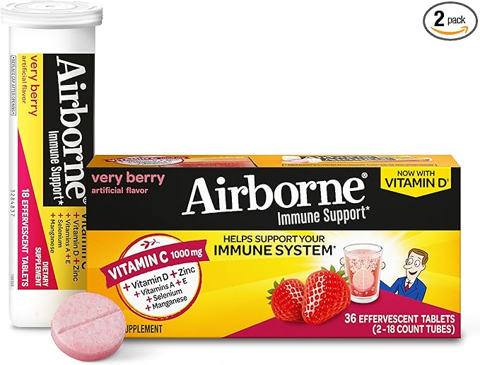 Vitamin C 1000mg (per serving) - Airborne Very Berry Effervescent Tablets (36 count in a box) Gluten-Free Immune Support Supplement With Vitamins A C E ZINC Selenium Echinacea &amp Ginger