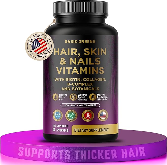 Hair Skin &amp Nails Vitamins with Biotin 10000 mcg Collagen B-Complex &amp Botanicals – Supports Healthy Hair Glowing Skin &amp Strong Nails – Non-GMO Gluten-Free – Made in USA – 120 Capsules