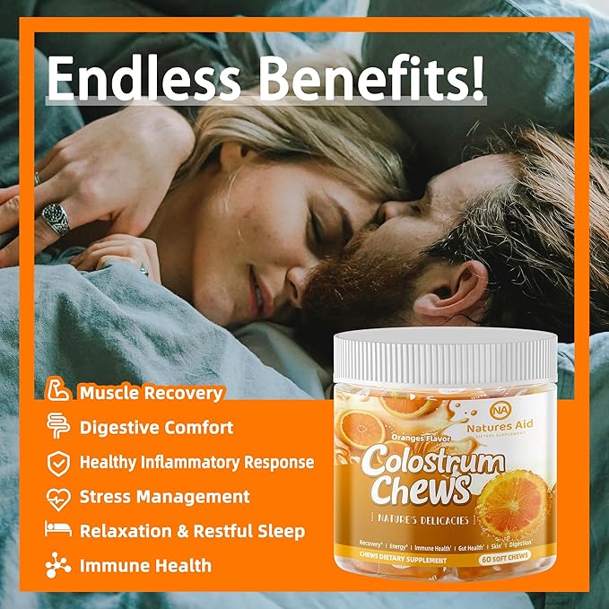 Colostrum Chews Supplement with probiotics for Gut Health Bloating Immune Support Skin Hair Growth and Beauty - Orange Flavor (60 Servings)