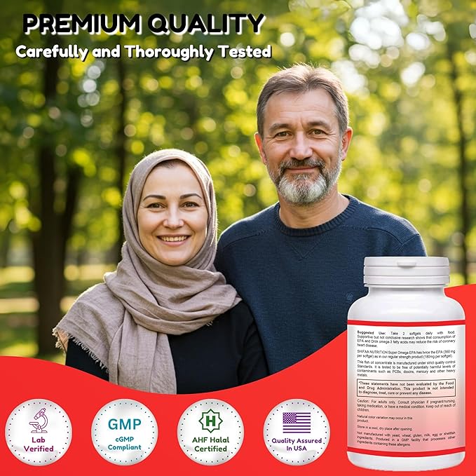 SHIFAA NUTRITION Halal Fish Oil Softgels 60 Ct Double Strength - Halal Omega 3 Fish Oil Supplements. Wild Caught Non-GMO &amp Purified