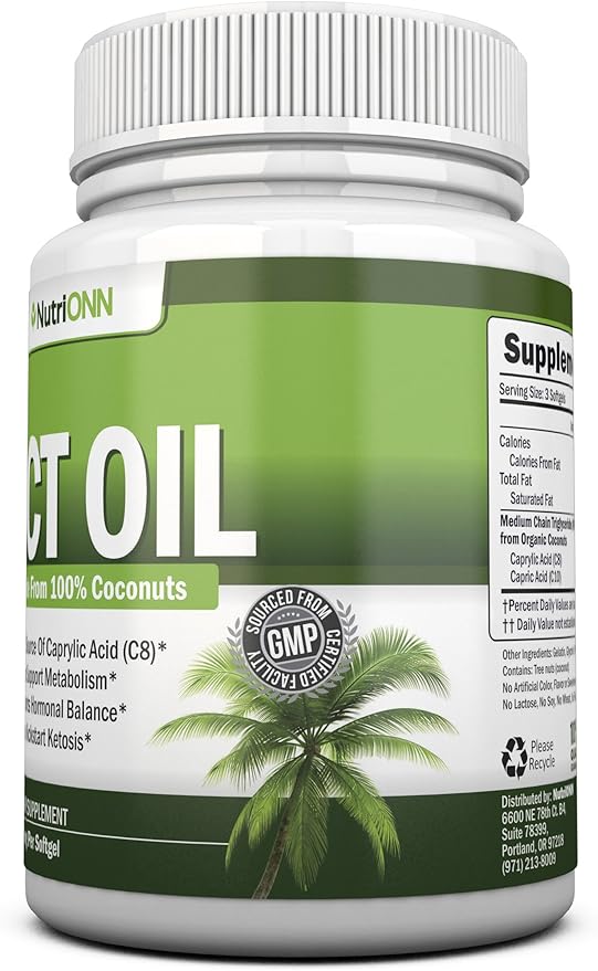 MCT Oil - 3000mg Per Serving - 180 Softgels - Made from 100% Organic Coconuts - Non GMO Cold Pressed Paleo Friendly Capsules - Great for Focus &amp Gut Health