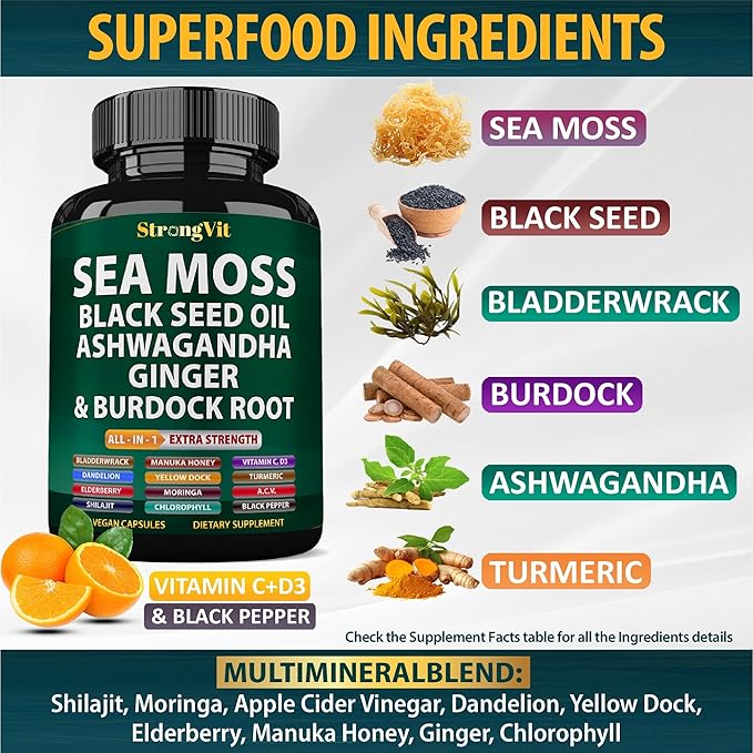 Sea Moss Black Seed Oil Ashwagandha Ginger Organic Sea Moss Capsules with Burdock Root Irish Seamoss Pills with Bladderwrack Turmeric Shilajit Multimineral Supplement USA (120 Capsules)