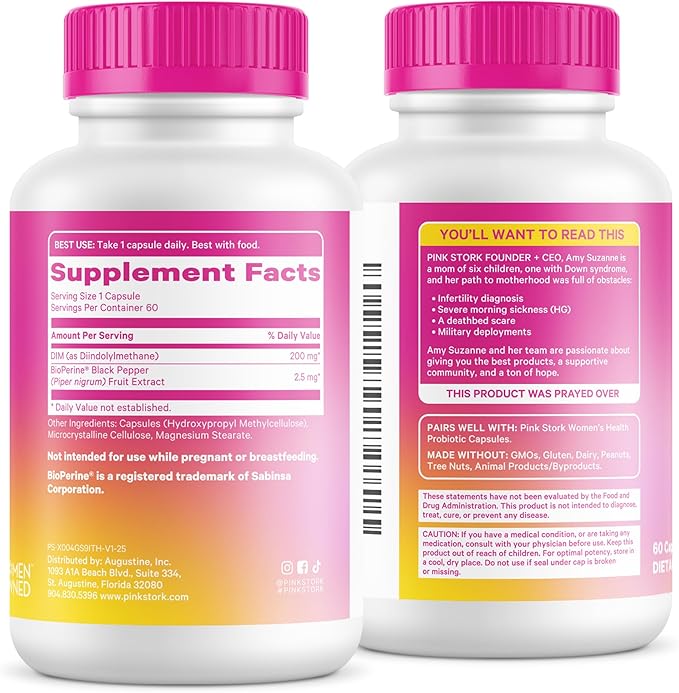 Pink Stork DIM Supplement for Women - Estrogen and Hormone Balance for Menopause Perimenopause &amp PMS - DIM 200 mg Plus BioPerine for Mood Support - 60 Day Supply