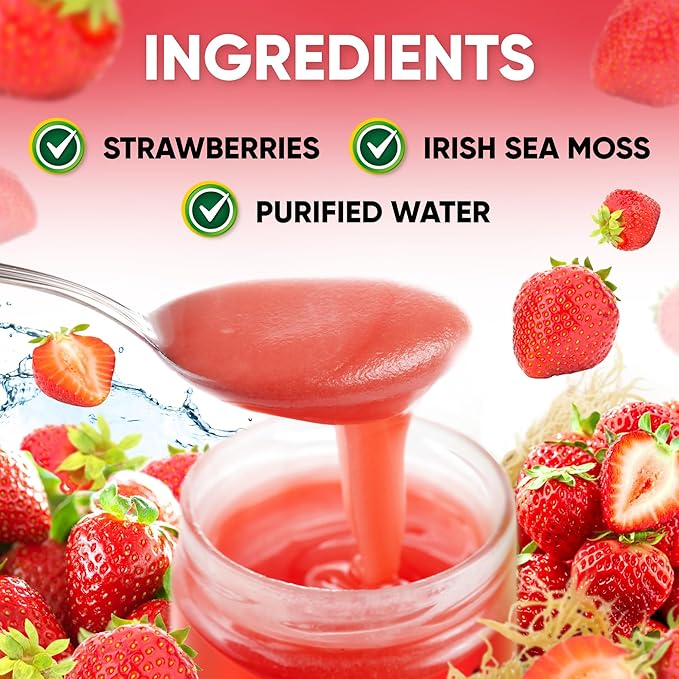 Wildcrafted Irish Sea Moss Gel 16 oz | Made in USA | Gold Seamoss Superfood | Rich in Vitamins &amp Minerals | Real Fruit | Nutritional Supplement | Strawberry