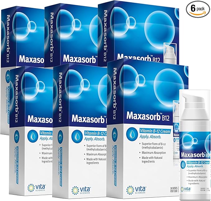Vita Sciences Maxasorb B12 Vitamin B-12 Cream 1000 mcg: Powerful Topical Methylcobalamin for Energy Health and Glowing Skin - Pack of 6