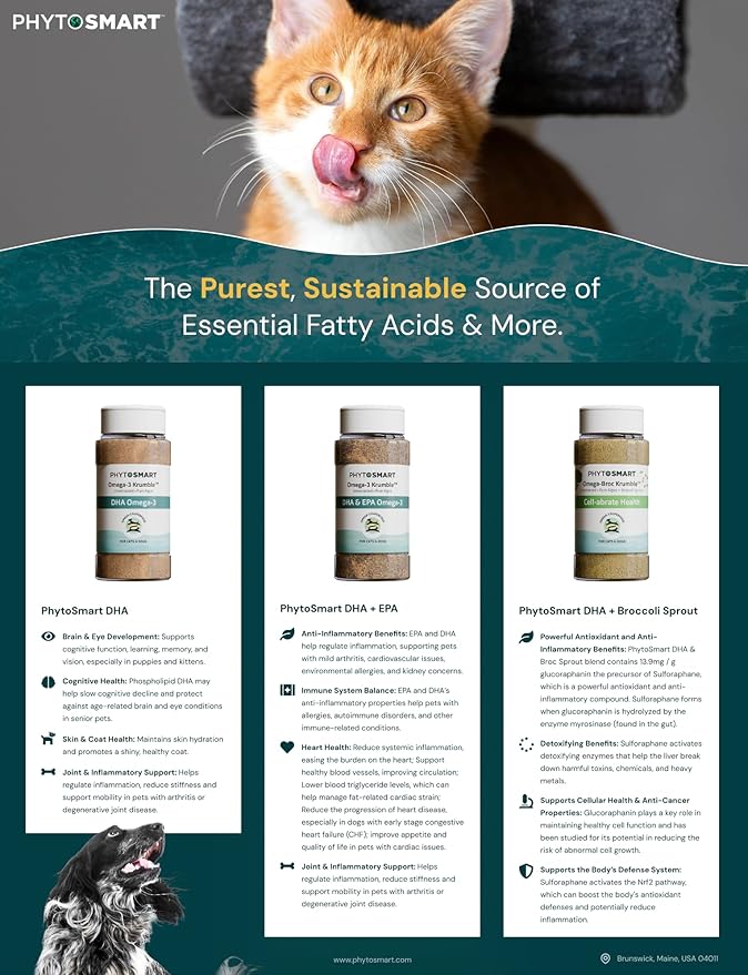 Omega-3 Krumble DHA for Pets in 70 Gram Shaker Top Jar. Pure Un-extracted Marine Micro-Algae Providing Pets Complete Whole Food derived Essential Fatty Acids for Total Body Support.