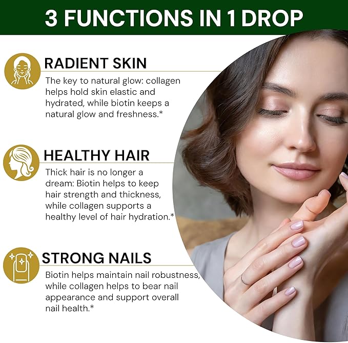 Biotin &amp Collagen Drops for Hair Skin &amp Nails - Liquid Supplement for Healthy Hair Growth Glowing Skin &amp Strong Nails - 2 oz