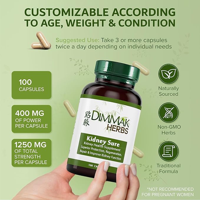 Dimmak Herbs Kidney Sure- Kidney Cleanse &amp Revitilization Tonic- Organic Herbal Support for Renal Health Urinary Tract Flow &amp Vitality- TCM Doctor Formulated Vegan- 400mg 100 Capsules
