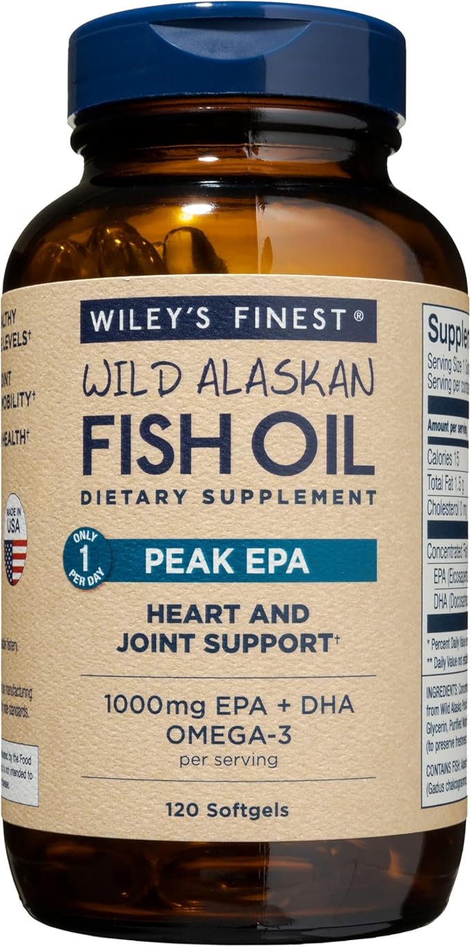 Wiley's Finest Wild Alaskan Fish Oil Peak EPA - Triple Strength Peak EPA &amp DHA Supplement - 1000mg Fish Oil - Omega-3s for Joint Health Support - 120 Softgels (120 Servings)