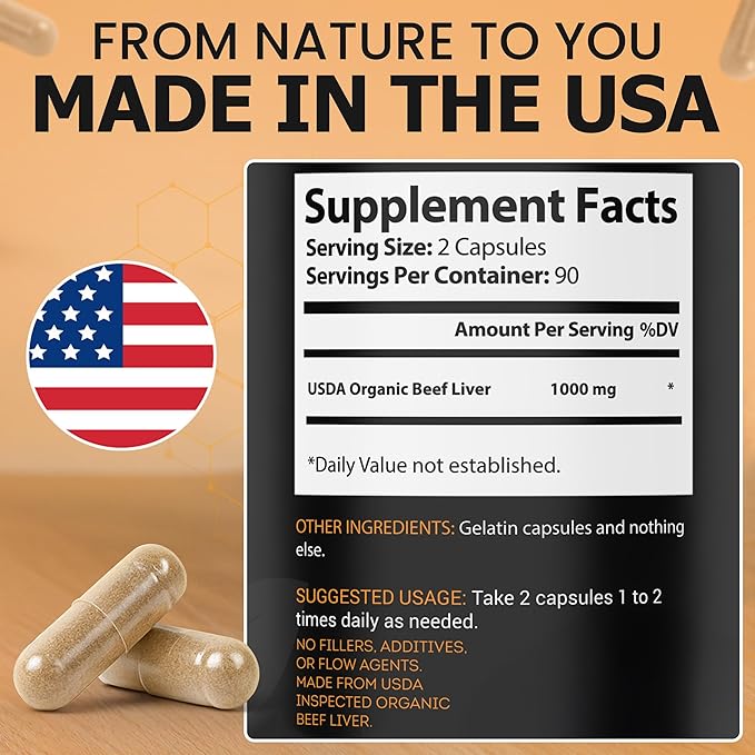 100% Organic Grass Fed Beef Liver Capsules (180 Caps) - Pasture Raised - Iron Vitamin A B Collagen - Promotes Energy Detoxification Whole Body Wellness - Ancestral Paleo Living - Ion Supplements