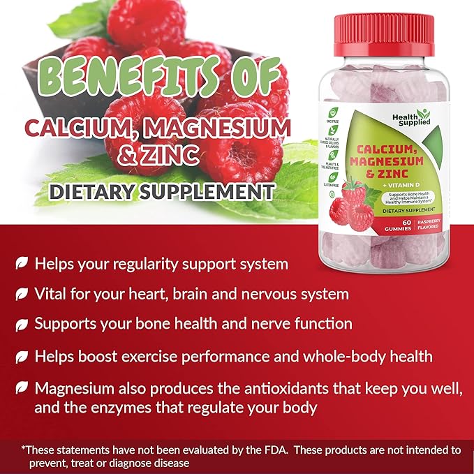 Calcium Magnesium &amp Zinc + Vitamin D Gummies | Bone Health Immune Health Energy and Muscle Function | Daily Dietary Vitamin Supplement | for Adults Teens | Fruity Raspberry Flavor